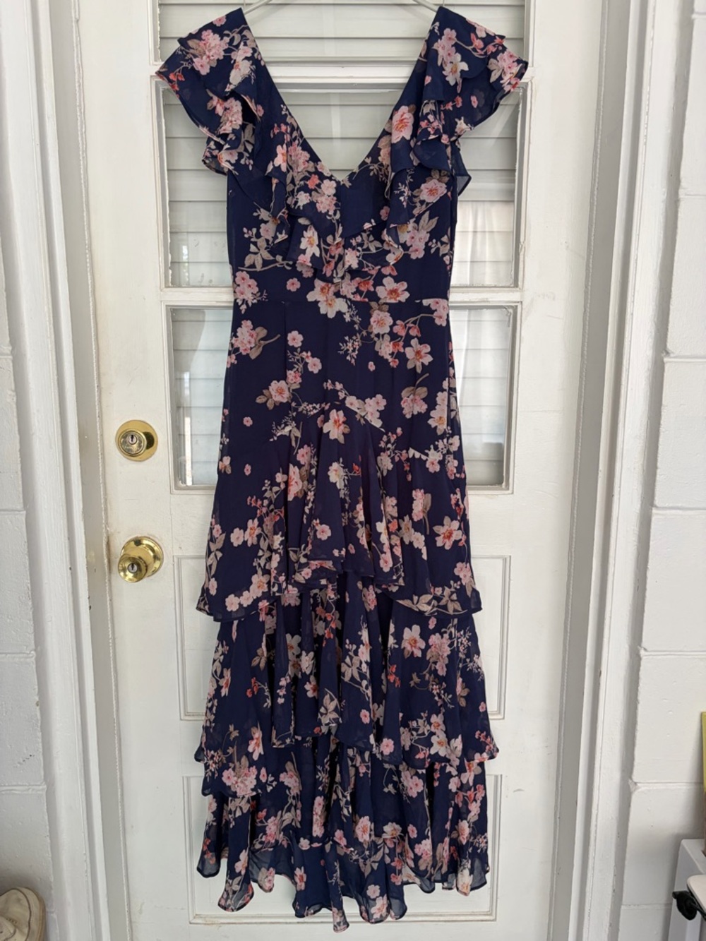 WAYF Chelsea Tiered Ruffle Midi Dress - Navy with Pink Blossoms